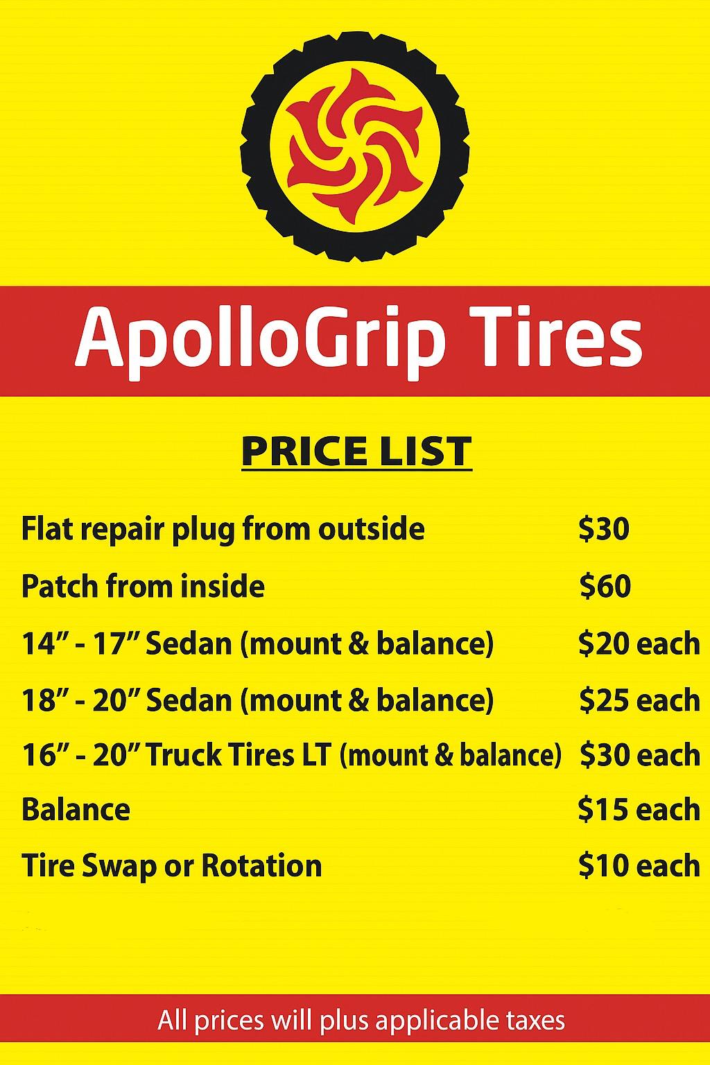 ApolloGrip Tires Price List